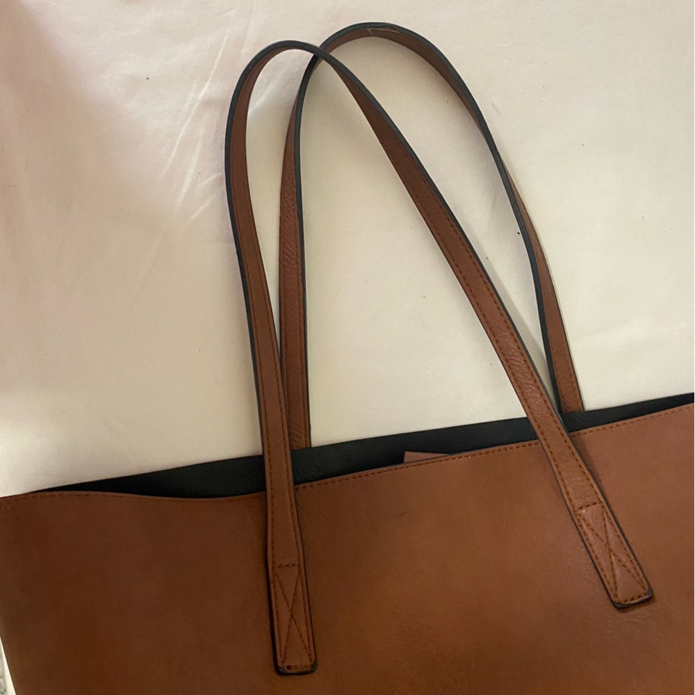 Faux Leather Brownish Colored Large Tote Handbag - Picture 3 of 11